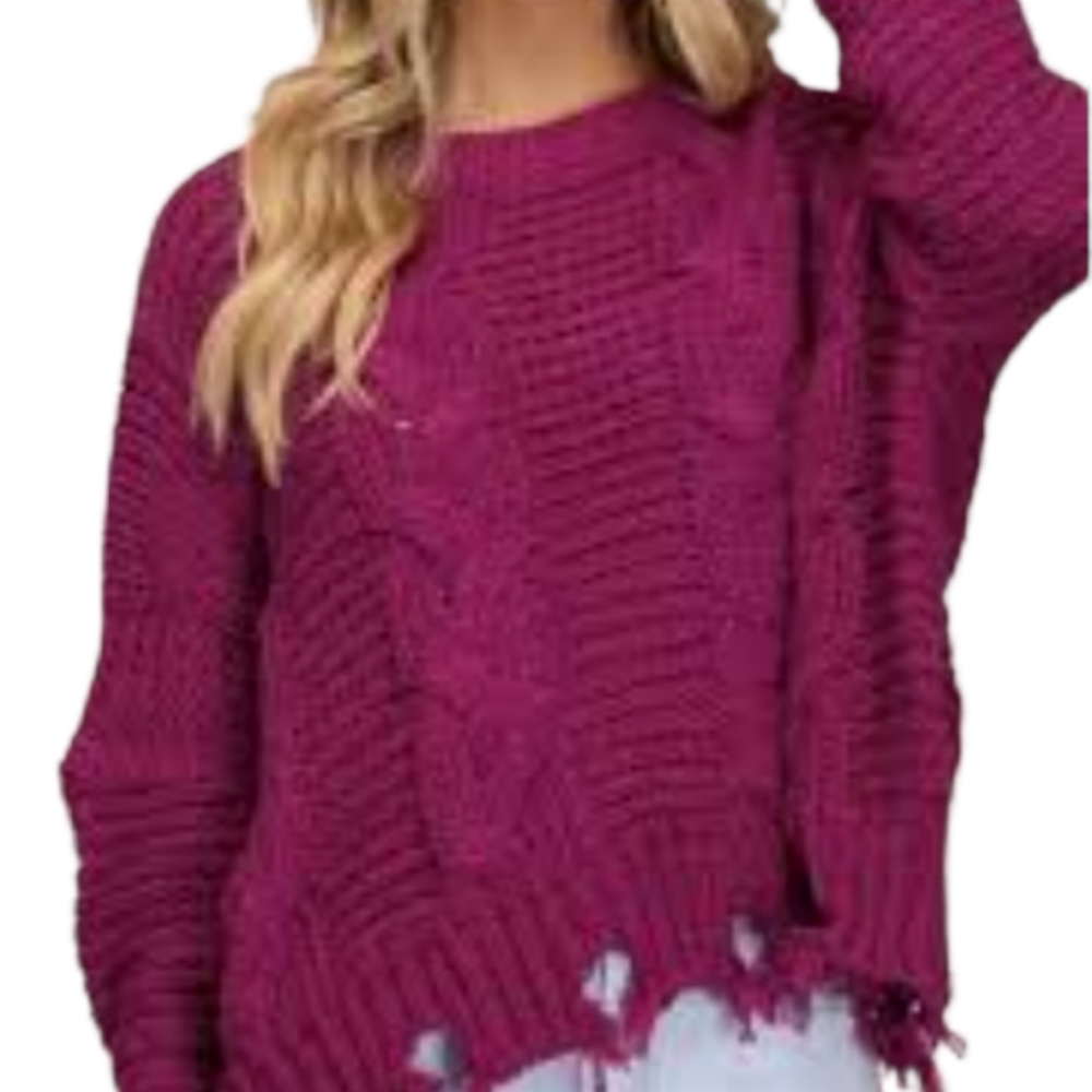 She + Sky Distressed Cable Knit Sweater Size OS